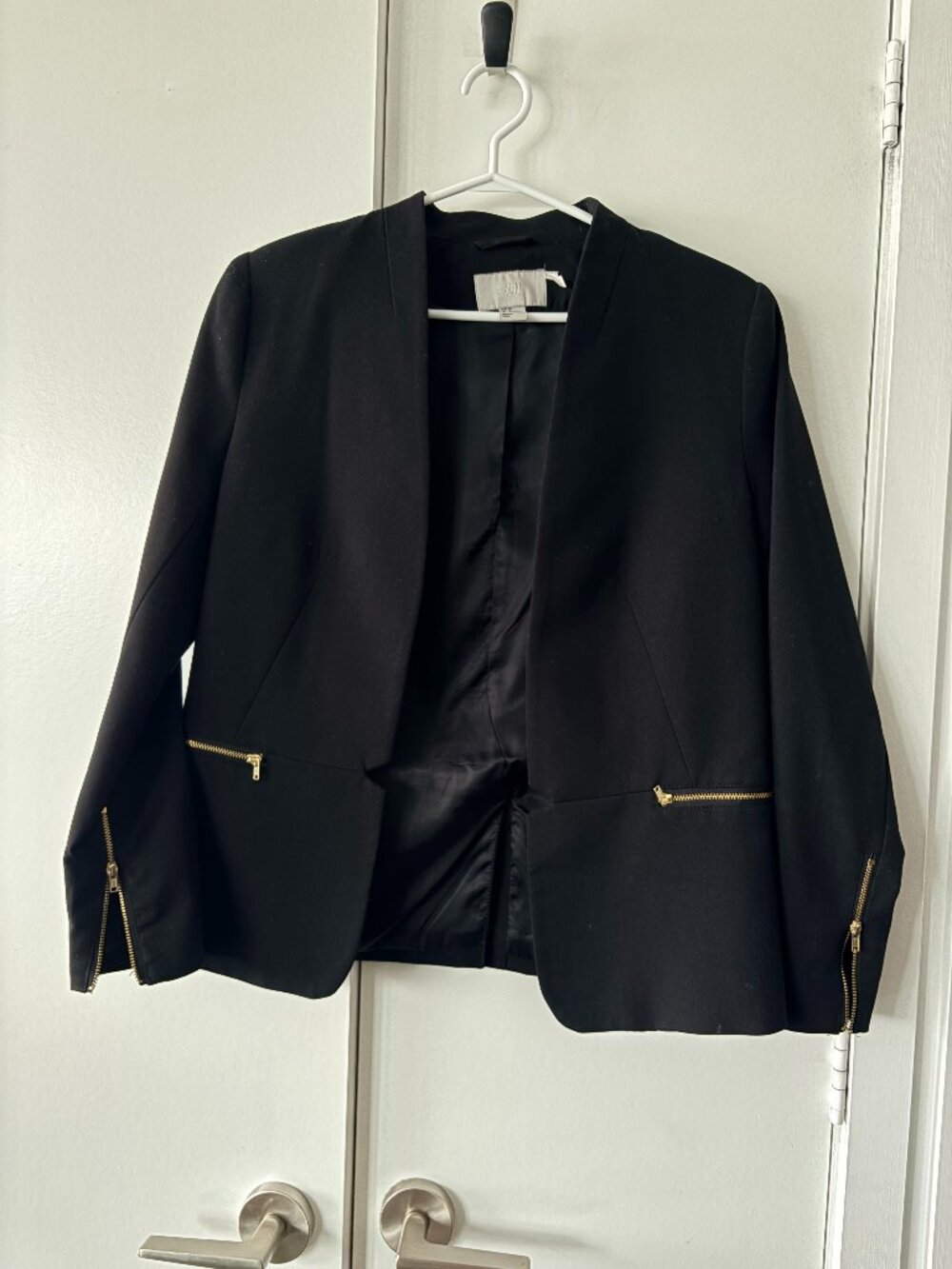 H&M Black Open-Front Blazer with Gold Hardware Zip Sleeves & Pockets